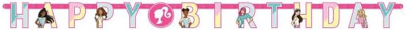 Barbie Birthday Party Supplies Bundle includes 1 Happy Birthday Banner, 3 Hanging Swirl Decorations, 1 Dinosaur Sticker Sheet