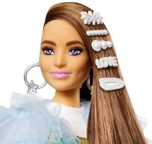 Barbie Extra Doll & Accessories with Long Brunette Hair and Bling Clips in Multi-Colored Dress with Pet Crocodile