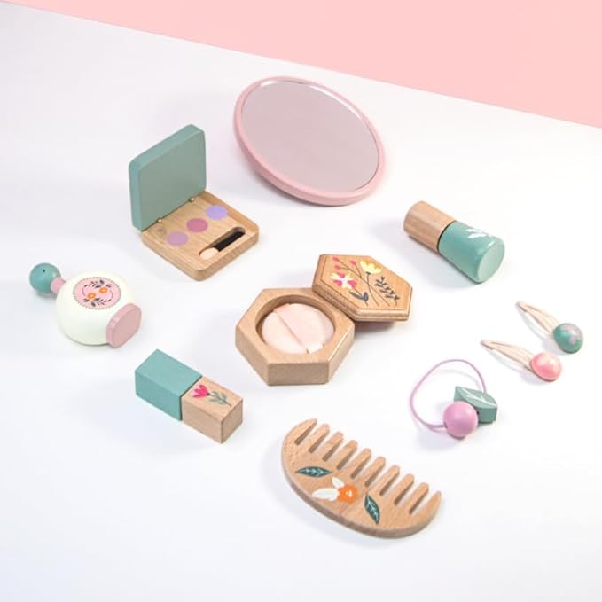Wooden Makeup Toy Set for Girls – 11 PCS Pretend Play Makeup Kit for Kids with Mirror, Lipstick, Eyeshadow, Nail Polish, Perfume, Comb, Hair Clip & Storage Bag – Birthday Gifts for 3 4 5 6 Girls