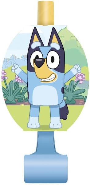 Bluey Birthday Party Supplies Bundle Pack includes 16 Party Blowouts and 1 Dinosaur Sticker Sheet