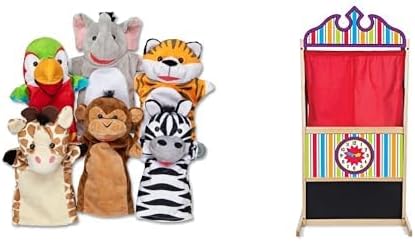 Melissa & Doug Safari Buddies Hand Puppets Set of 6 (Elephant, Tiger, Parrot, Giraffe, Monkey, Zebra) with Deluxe Wooden Puppet Theater