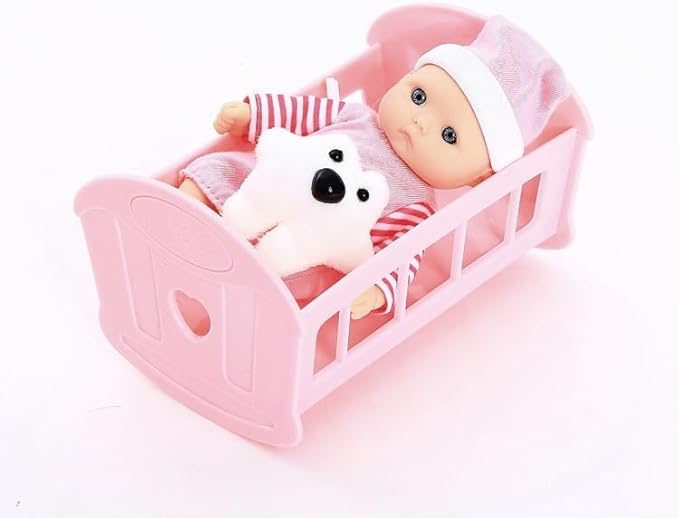 PowerTRC 6 Set of Mini 5 Inch Baby Girl Toy Dolls Collection with High Chair, Cradle, Walker, Swing, Bathtub and Baby Seat Accessories for Girls 3-6 Years Old