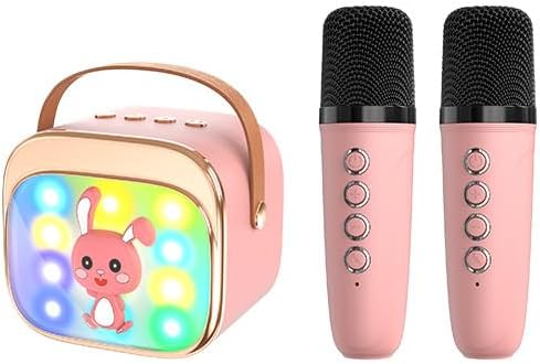 Karaoke Machine for Kids, Mini Bluetooth Karaoke Speaker with 2 Wireless Mics, 4 Voice Modes Including LED Lights, USB-C Rechargeable, Portable Kids Karaoke Machine