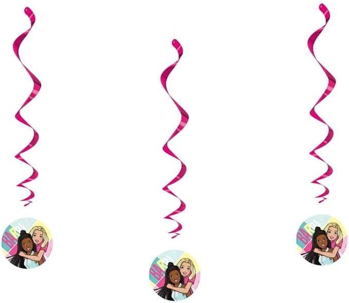 Barbie Birthday Party Supplies Bundle includes 1 Happy Birthday Banner, 3 Hanging Swirl Decorations, 1 Dinosaur Sticker Sheet