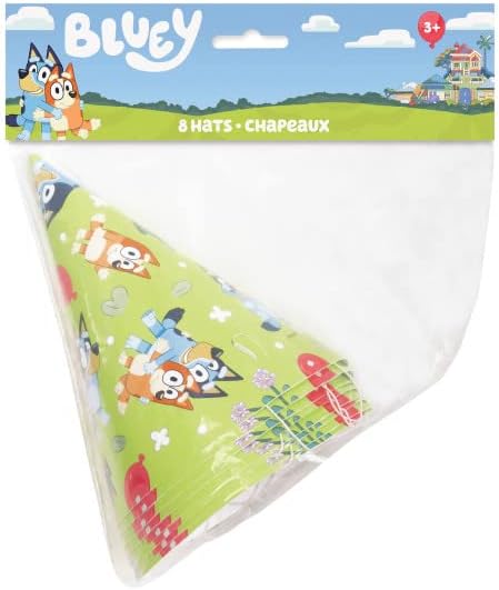 Unique Bluey Birthday Party Supplies Bundle Pack includes Party Cone Hats and 1 Dinosaur Sticker Sheet - 16 Hats
