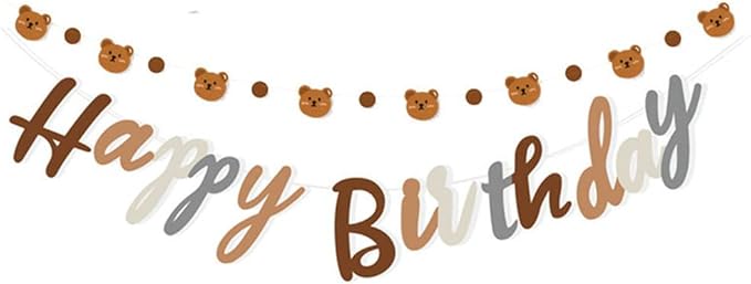 Bear Theme Happy Birthday Banner with Cute Bear Banner, Bday Party Pennant Decor, Wild One Woodland Bear First Birthday Party Supplies
