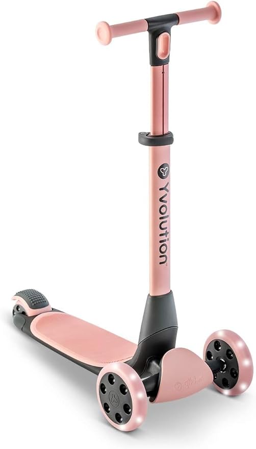 Yvolution Y Glider Nua 3-Wheel Kids Scooter – Adjustable Height, Arc-Folding Handlebar, LED Light-Up Front Wheels, Extra-Wide Deck, Ages 3-10
