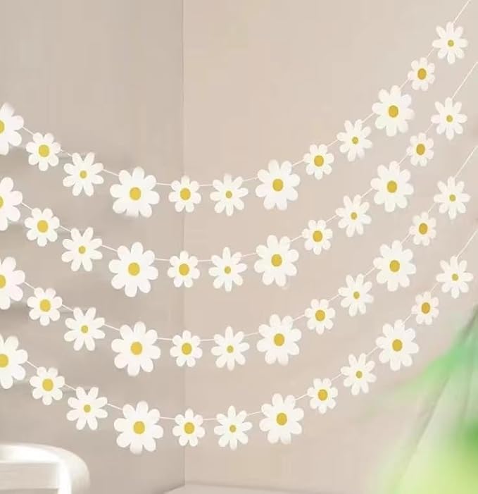4 Packs Daisy Banner Garland Groovy Hippie Boho Birthday Decor Daisy Party Decoration Spring Flower Hanging Banner Daisy Paper Cutouts for Girl Birthday Supplies
