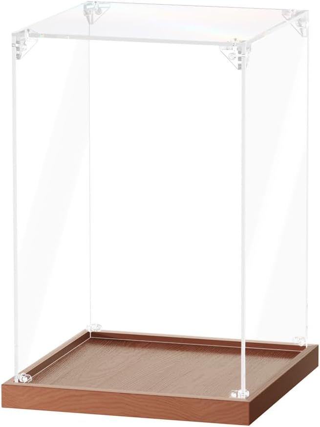 Acrylic Display Case for Collectibles Assemble Clear Acrylic Boxes for Display Lego Action Figures Doll Hobby Toys, Wood Base (8 x 8 x 12 inches, 20 x 20 x 30 cm)