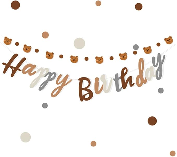 Bear Theme Happy Birthday Banner with Cute Bear Banner, Bday Party Pennant Decor, Wild One Woodland Bear First Birthday Party Supplies