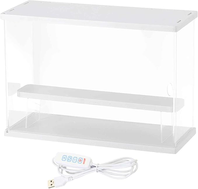 MECCANIXITY Clear Display Case, 2 Layer Acrylic Figure Display Case Clear Display Boxes for Collectibles, Figures Model Toys Home Storage(with Square LED Light, 13x5x9 Inch White Base)