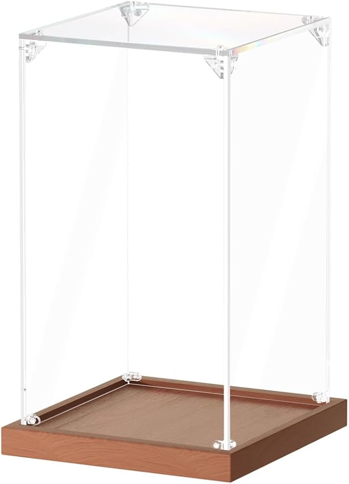 Acrylic Display Case for Collectibles Assemble Clear Acrylic Boxes for Display Lego Action Figures Doll Hobby Toys, Wood, 5.5 x 5.5 x 9.5 inches