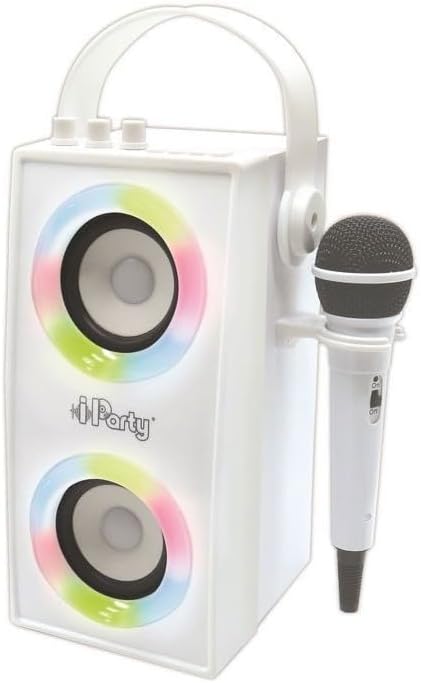 Lexibook iParty - Portable Bluetooth Light Speaker with Microphone, Light Effects, Karaoke, Wireless, USB, SD Card, Rechargeable Battery, White, BTP180Z