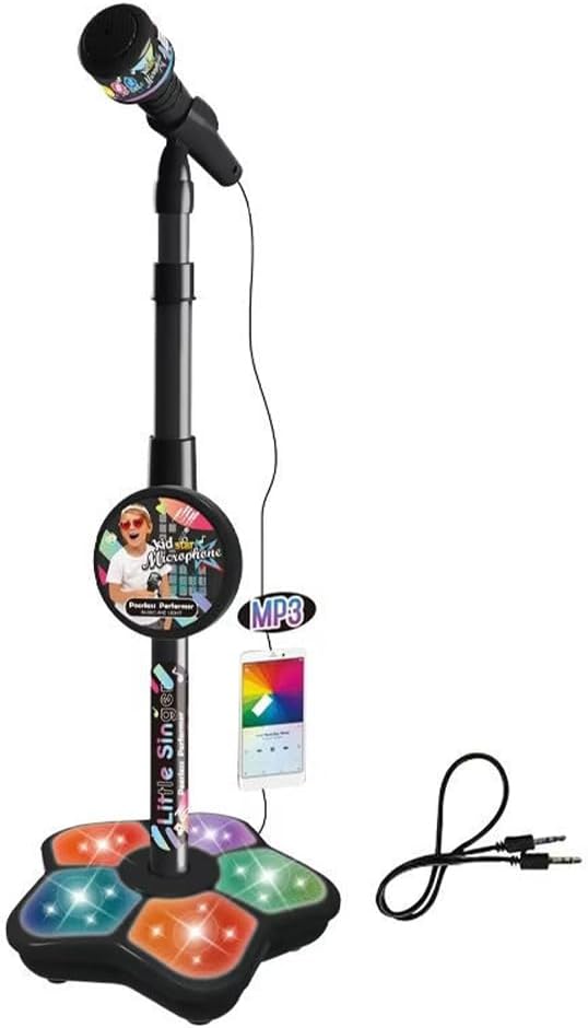 2026 New Star Microphone with Stand, Built-in Music & Colorful Lights, Echo Effects Portable Karaoke Machine, Kid-Friendly Singing Toy for Music Play (Black)