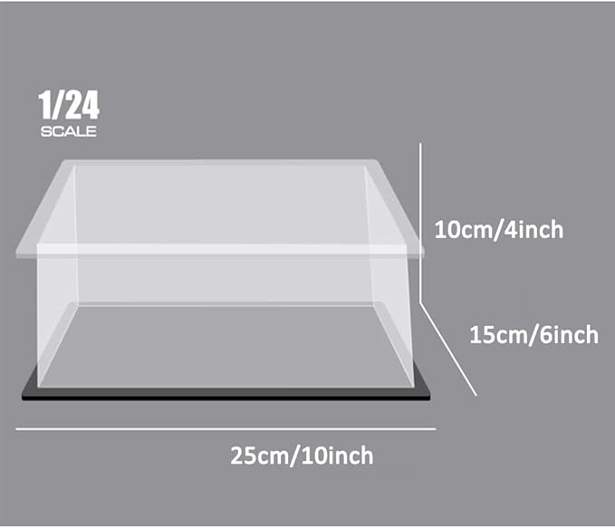 Clear Acrylic Display Case with Black Acrylic Base for 1:24 or 1:32 Scale Vehicle Model, Simple Self-Assembly Dustproof Showcase, Display Box for Diecast Cars,Collectibles(10x6x4 inch;25x15x10 cm)