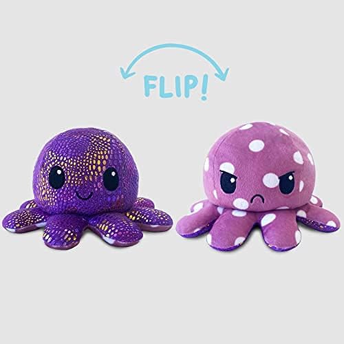 TeeTurtle Reversible Octopus Plushie 4-Inch Purple Polka Dot + Shimmer Two-Sided Flip Plush Toy with Embroidered Details - Cute Mini Collectible Plush for Kids, Teens, and Adults