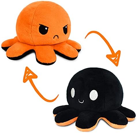 TeeTurtle Reversible Octopus Plushie 4-Inch Black + Orange Two-Sided Flip Plush Toy with Embroidered Details - Cute Mini Collectible Plush for Kids, Teens, and Adults