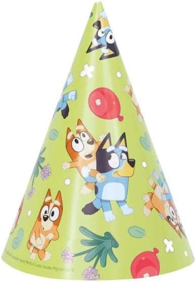 Unique Bluey Birthday Party Supplies Bundle Pack includes Party Cone Hats and 1 Dinosaur Sticker Sheet - 16 Hats