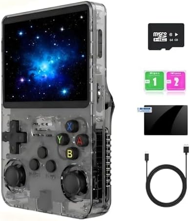 R36S Handheld Emulator Game Console, Portable Retro Gaming Device, Linux System, 3.5″ IPS HD Screen, 64GB Storage, 3500mAh Battery, Preloaded 20,000+ Games (Purple Black)