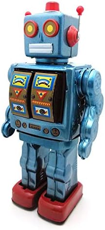 Charmgle Retro Tin Toys Walking Robot, Electric Rotating Desk Robot with Gun Fire Sound, Adult Collection Birthday Gifts Party Favor Handmade Robots Blue
