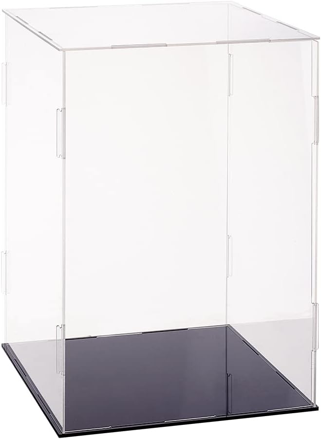 FINGERINSPIRE Plastic Minifigure Display Cases 8.3x8.3x12inch Clear Dustproof Action Figure Display Box with Black Base Display Cabine for Models, Building Blocks, Doll and Collection