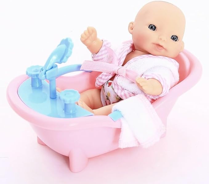 PowerTRC 6 Set of Mini 5 Inch Baby Girl Toy Dolls Collection with High Chair, Cradle, Walker, Swing, Bathtub and Baby Seat Accessories for Girls 3-6 Years Old