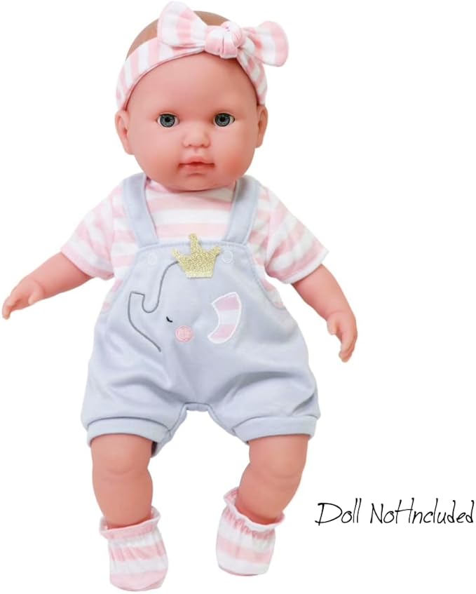 JC Toys | Berenguer Boutique | Baby Doll Outfit | Gray Overall Shorts with Pink Stripes | Includes Headband and Booties | Ages 2+ | Fits Dolls 14"- 16"