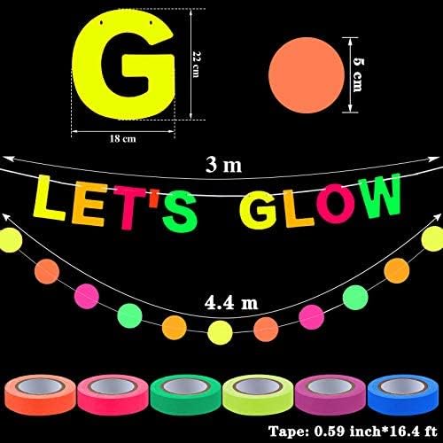 Chuangdi 44 Pcs Neon Birthday Party Decoration Glow in The Dark Party Supplies Includes Let's Glow Banner Star Hanging Swirl Fluorescent Balloons UV Black Light Reactive Tape Neon Dots