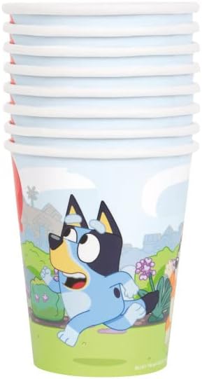 Bluey Birthday Party Supplies Bundle includes 24 Paper Cups 9oz and 1 Dinosaur Sticker Sheet