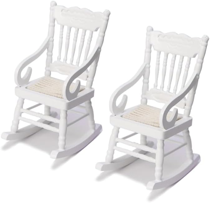 Dollhouse Chairs 2PCS Miniature Rocking Chair 1:12 Scale Wooden FurnitureAccessories Tiny Mini House Home Outdoor Decoration Model Living Room Scene Christmas Craft Displays (White)