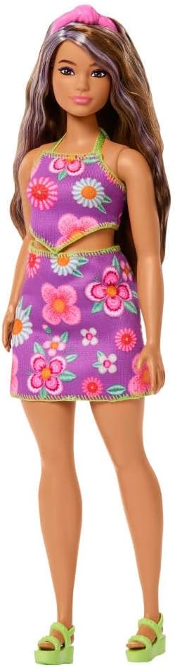 Barbie Fashionistas Doll #244 with Purple-Streaked Brown Hair, Purple Floral Halter Top and Matching Skirt with Accessories Like Headband and Sandals