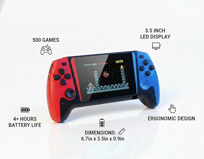 Nolan Lucian Outdoor/Indoor Portable for Children Handheld Game Console, 3.5 Inch LED Screen with 500 Built-in Classic Games Suitable for Children，Easy to use！