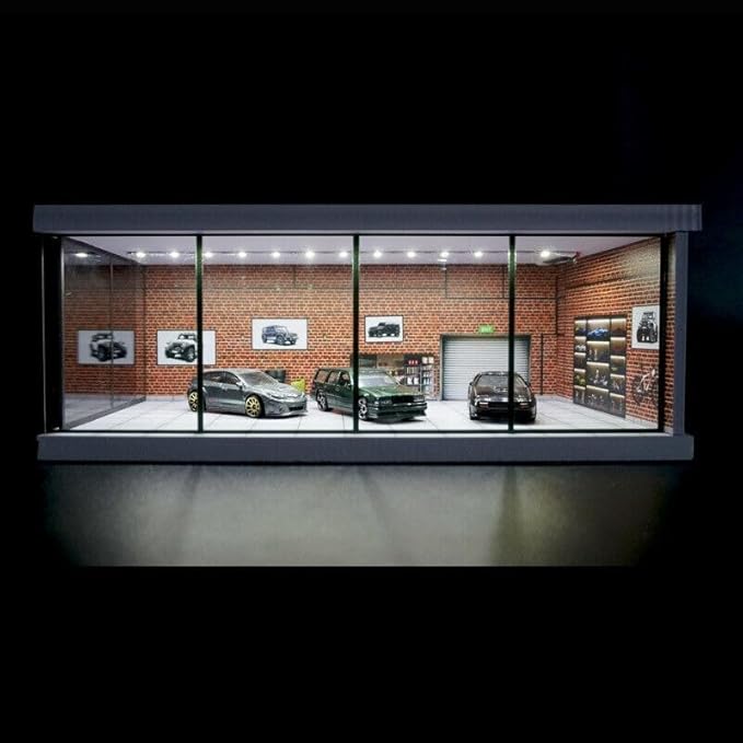 1/64 Diorama Garage Model, LED Lighting City Showroom, 1/64 Scale Diecast Car Parking Lot Storage, Scene Display Case Collection Gift (Red Brick)