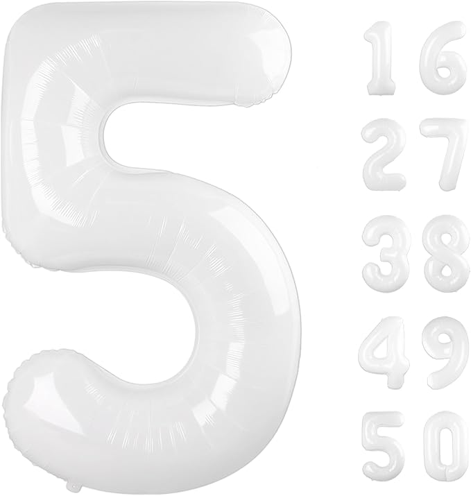 40 Inch Giant Mylar Number 5 White Helium Balloon - Birthday Gift for 5 Year Old Girl Boy, 5 15 25 35 45 50th 55 Anniversary Party Decorations 2025
