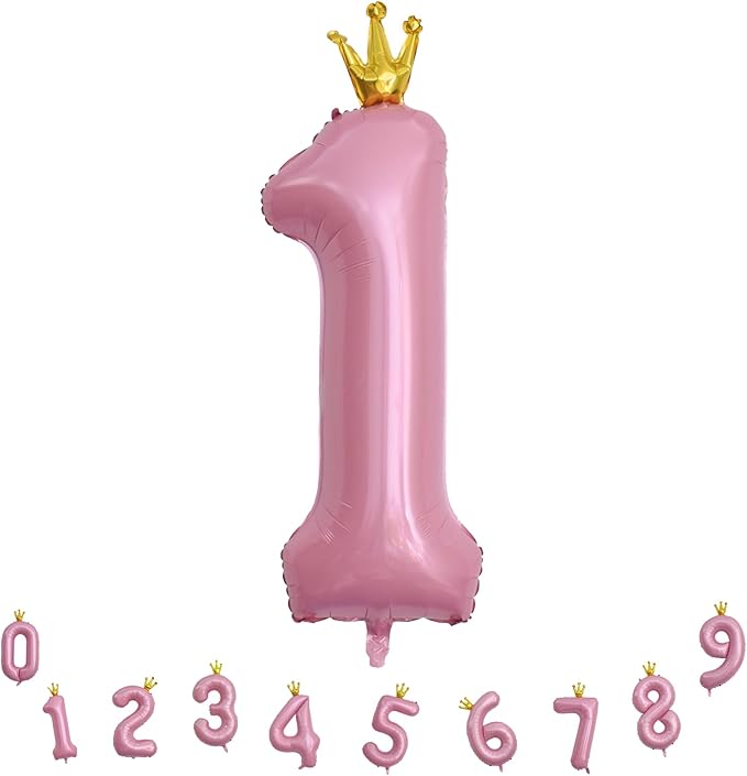 Crown Pink Number 1 Balloon for Girls 1st Birthday Party, 40 Inch Large Number Foil Helium Pastel Pink Balloons 0-9, for Women 10th Birthday Party Baby Shower Anniversary Party Decoration Supplies
