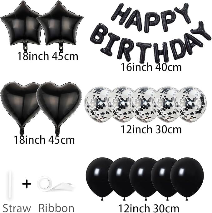 ZHENGYE 27Pcs Black Birthday Party Decorations Kit 16 Inch Happy Birthday Balloon Banner Pentagram Heart Balloons Confetti Latex Balloons Party Decoration Supplies