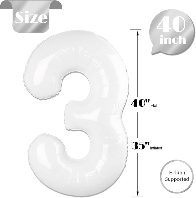 White Number 3 Balloon 40 Inch, 3rd Birthday Celebration Supplies for Girls Boys Women Men, 3 Balloon for Girls Boys Theme Party