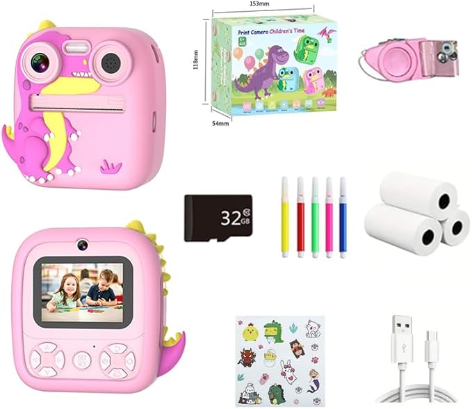 OKYUK Kids Camera Instant Print, OKYUKKLXJ-2, Instant Film Camera with 32GB TF Card, Dinosaur Selfie Camera, Birthday Gift