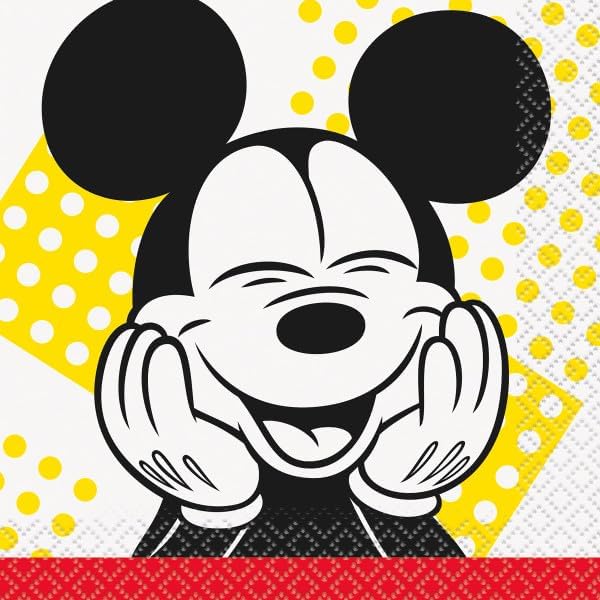 Amscan Mickey Mouse Roadster Party Supplies Bundle for 16 Guests - Includes 16 Paper Plates, 16 Paper Napkins, 1 Plastic Table Cover, 1 Dinosaur Sticker Sheet