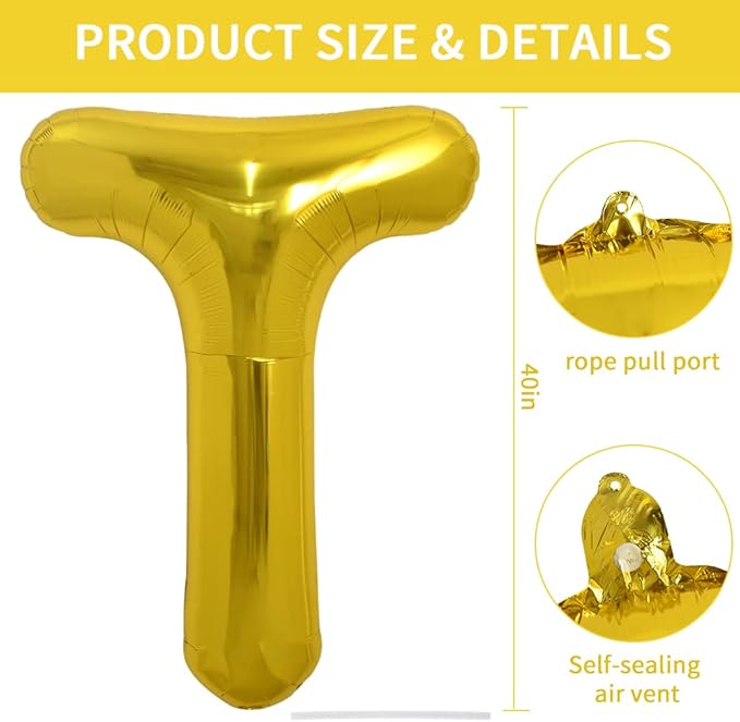 TONIFUL 40 Inch Large Gold Letter T Balloons, Foil Mylar Big Balloons for Birthday Party Anniversary Supplies Decorations