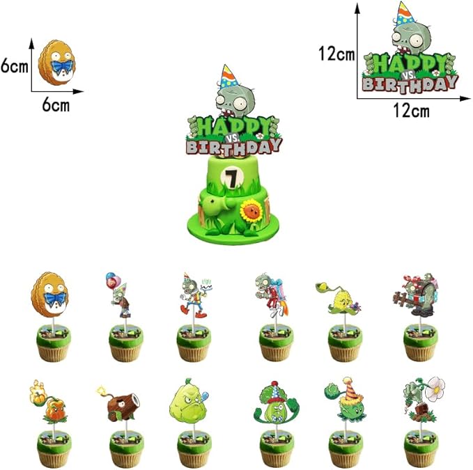 Plant vs. Zom-bies Party Backdrop Party Banner, Cake Topper, Cupcake Topper, Cup Cake Wrappers, Zombies Hanging Swirls and PVSZ Balloons for PVSZ Party Supplies Decorations/Kids Room Decor
