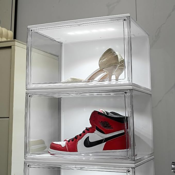 14.17"X10.63"X8.66" Acrylic Display Case with lights, Clear Storage Organizers Box with Magnetic Door, Dustproof Showcase for Handbags, Purses, Boots, Figures, Book