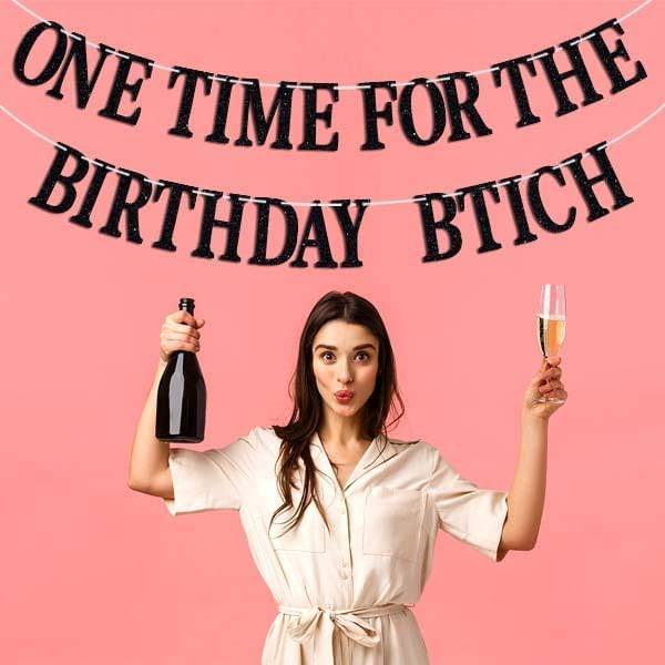 One Time for The Birthday Lady Banner - Happy Birthday Bunting Backdrops - Funny Birth Day Sign, Woman Girl Celeration Party Decorations Supplies, Black Glitter
