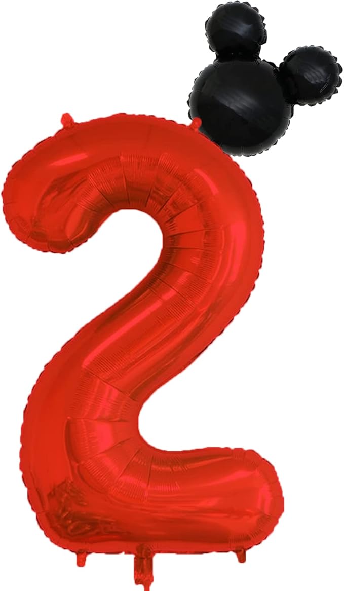 40 inch Red Number 2 Balloon & Mini Mouse Head Balloon, 2nd Birthday Party Decoration Balloons, Cartoon Mouse Birthday Party Supplies Baby Shower Decoration, Red Black Theme Party Decorations Supplies