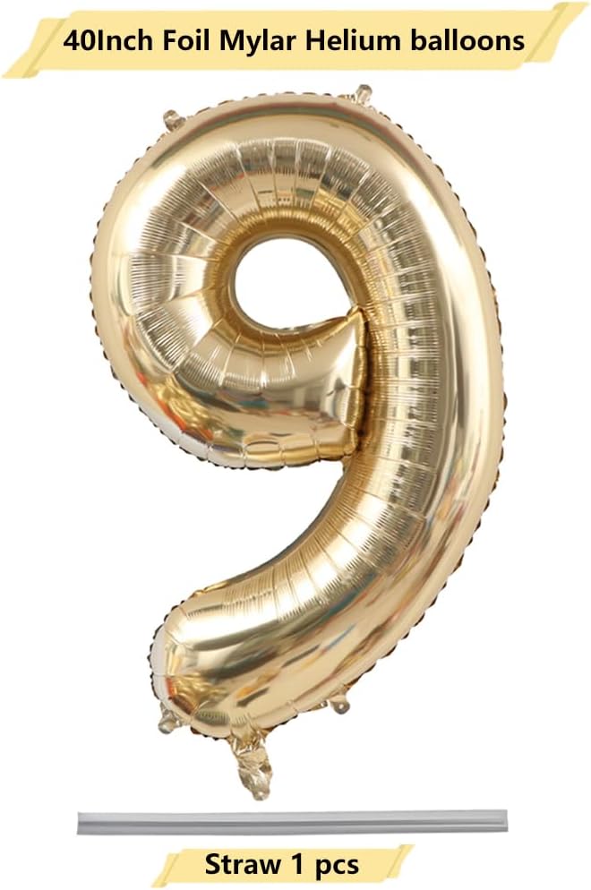 40 Inch Light Gold 9 Number Balloons Champagne Gold Giant 9 Foil Mylar Helium Large Digita Balloon for Girls Boys 9th Birthday Jumbo Balloon Anniversary Graduation Events Party Decorations Supplies