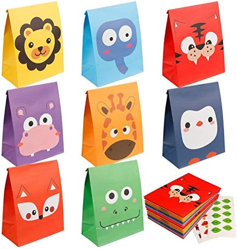 Mocoosy 24 Pack Animal Party Favor Bags, Goodie Bags for Kids Birthday, Small Gift Bags Bulk Paper Treat Bags for Toddler Baby Shower Party Supplies School Classroom Loot Bags for Girls Boys
