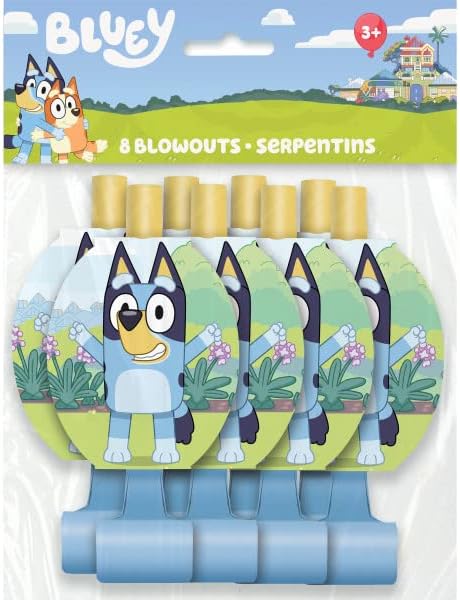 Bluey Birthday Party Supplies Bundle Pack includes 16 Party Blowouts and 1 Dinosaur Sticker Sheet
