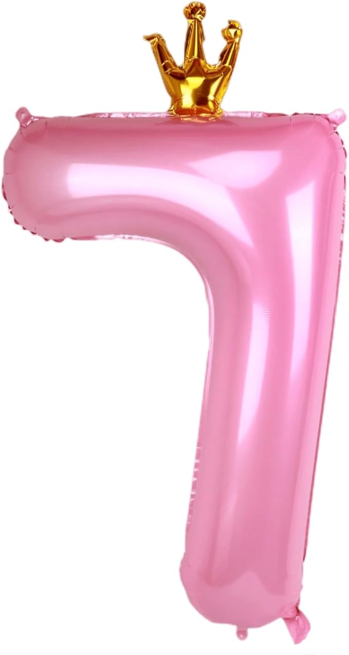 40 Inch Crown Pink Number 7 Balloon, Big Conjoined Baby Foil Mylar Helium 7 Balloon | Girls 7th Birthday Party Balloon Princess Theme Decorations Supplies Favors