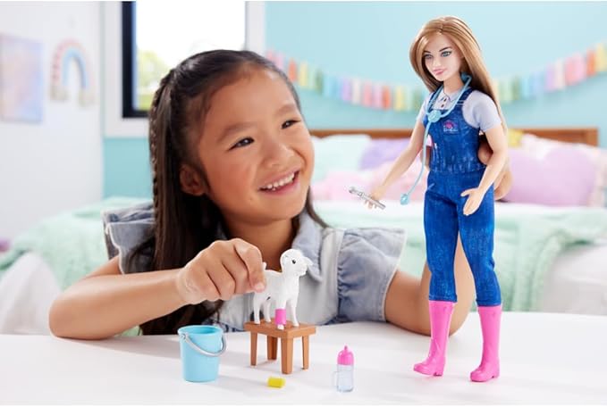 Barbie 65th Anniversary Doll & 10 Accessories, Farm Veterinarian Set with Blonde Vet Doll, Lamb with Moving Ears & More