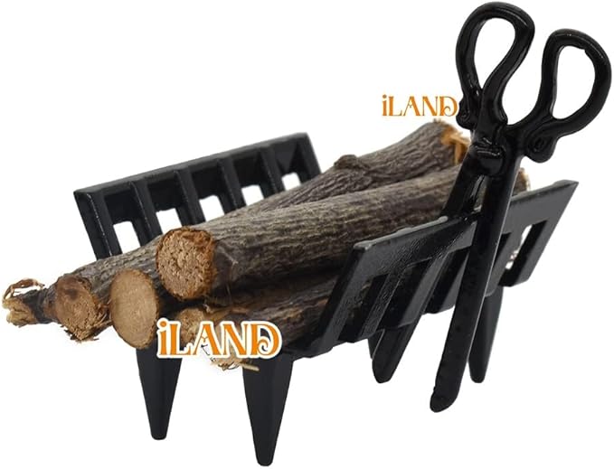 iLAND Dollhouse Furniture and Accessories of Dollhouse Fireplace on 1/12 Scale w/Fire Light & Fireplace Tools & Tong & Firewood Rack (Rococo 4pcs)